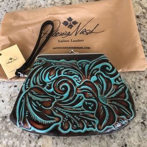 PATRICIA NASH tooled leather brown/turqu wristlet